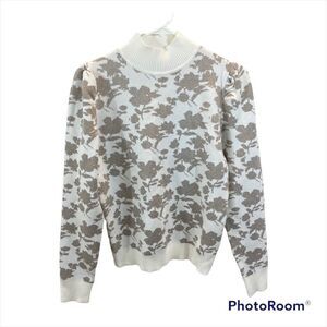 On Twelfth Brown and White Floral Print Sweater Size Small Pleats at‎ Shoulders